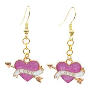 Purple Heart “Love” Dangle Earrings arrow through the heart ribbon